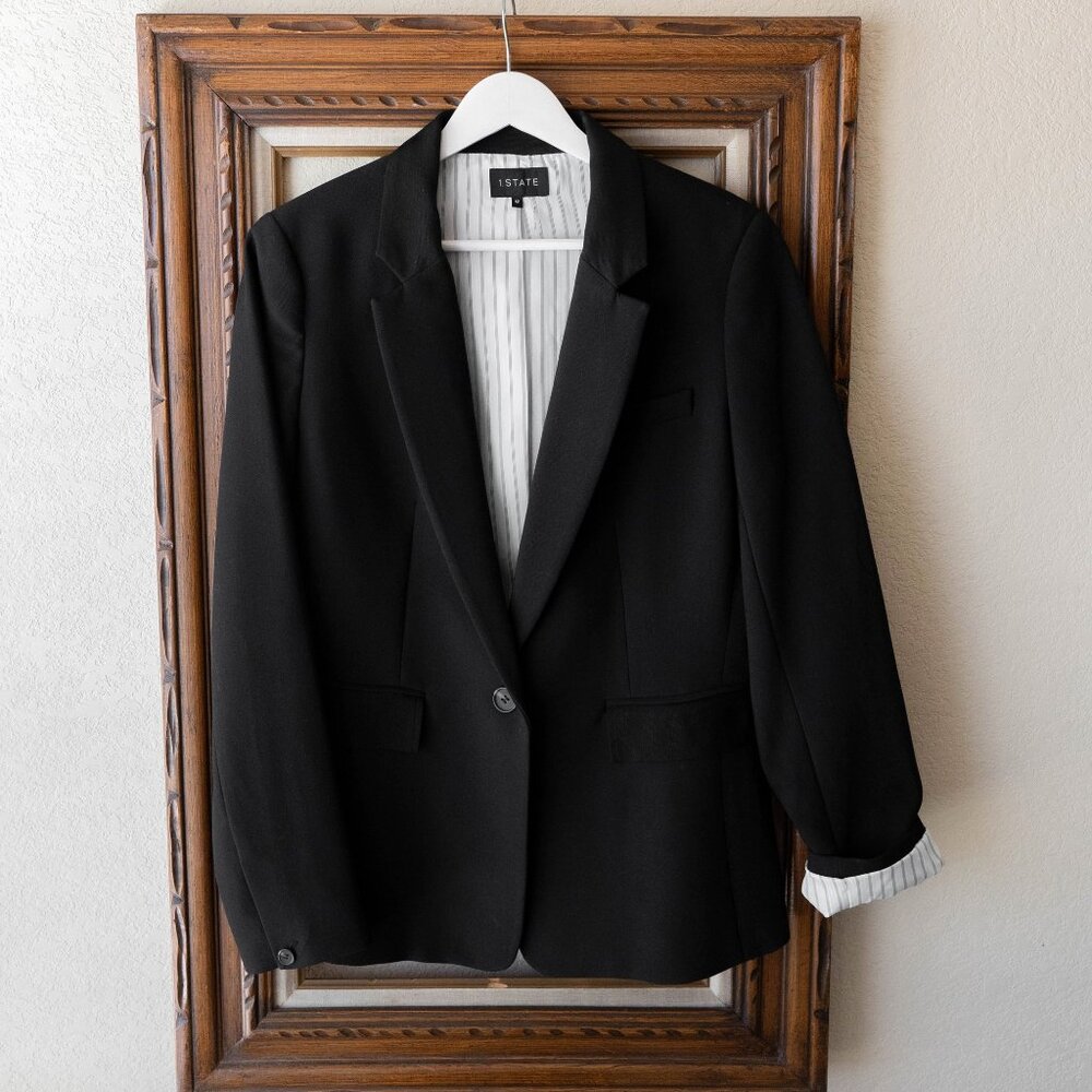 1. State Blazer Size 12 Black Classic One-Button Tailored Women’s Jacket